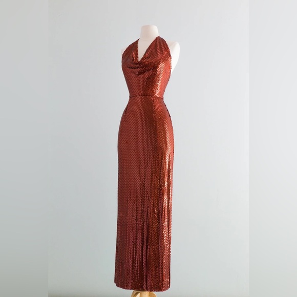 Vintage 1970s HOT LAVA Copper Sequined Halter Gown By Lillie Ruben / Small - Picture 10 of 11